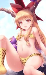 Rule 34 | 1girl, :d, alternate costume, animal print, bare arms, bare shoulders, blonde hair, bow, bra, breasts, commentary request, gourd, hair bow, highres, horn ornament, horn ribbon, horns, ibuki suika, long hair, looking at viewer, low-tied long hair, lzh, navel, open mouth, orange eyes, panties, red bow, ribbon, simple background, small breasts, smile, solo, stomach, thighs, tiger print, touhou, underwear, very long hair, white background