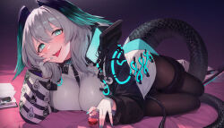 Rule 34 | 1girl, absurdres, aqua eyes, aqua nails, arknights, black pantyhose, blush, book, breasts, cup, dress, drink, drinking glass, fangs, fingerless gloves, full body, gloves, grey hair, hand on own cheek, hand on own face, head wings, highres, ho&#039;olheyak (arknights), holding, holding cup, large breasts, long hair, lying, nail polish, on bed, on side, open book, open mouth, pantyhose, saliva, scales, solo, tail, teeth, tongue, tongue out, upper teeth only, white dress, white gloves, wings, zayur