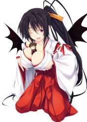 Rule 34 | 10s, 1boy, 1girl, :o, ;d, antenna hair, bare shoulders, between breasts, black eyes, black hair, blazer, blue eyes, blush stickers, breast hold, breasts, breasts squeezed together, brown hair, chibi, cleavage, collarbone, demon wings, detached sleeves, fingernails, flying sweatdrops, full body, giant, giantess, hair between eyes, hair ribbon, hakama, hakama skirt, high ponytail, high school dxd, highres, himejima akeno, hip vent, hyoudou issei, jacket, japanese clothes, kimono, kneeling, large breasts, long fingernails, long hair, long sleeves, looking at viewer, miko, mini person, miniboy, miyama-zero, necktie, off shoulder, official art, one eye closed, open clothes, open jacket, open mouth, person between breasts, ponytail, purple eyes, purple hair, red hakama, ribbon, ribbon-trimmed sleeves, ribbon trim, sandals, scan, school uniform, short hair, sidelocks, simple background, size difference, skirt, smile, tabi, very long hair, white background, wide sleeves, wings