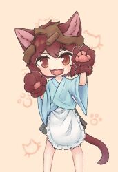 Rule 34 | 1other, androgynous, animal ear fluff, animal ears, animal hands, apron, blue kimono, brown headwear, cat day, cat ears, cat tail, fangs, frilled apron, frills, gloves, grey skirt, hakama, hakama short skirt, hakama skirt, heart, helmet, highres, japanese clothes, katano sukune, kimono, len&#039;en, light brown background, long sleeves, open mouth, paw gloves, paw pose, red eyes, red gloves, red hair, red tail, short hair, skirt, smile, tail, v-shaped eyebrows, waist apron, white apron, wide sleeves, yuejiao tuan