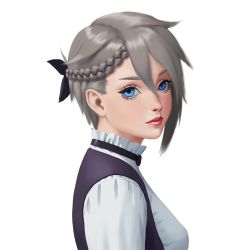 Rule 34 | 1girl, ange (princess principal), blue eyes, braid, brown hair, carlo montie, closed mouth, from side, hair between eyes, princess principal, realistic, school uniform, shirt, short hair, simple background, solo, upper body, white background, white shirt