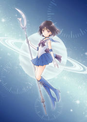 Rule 34 | 1girl, bishoujo senshi sailor moon, black bow, black hair, blue background, blue footwear, blue skirt, boots, bow, brooch, choker, cross-laced footwear, earrings, elbow gloves, full body, gloves, heart, heart brooch, holding, holding polearm, holding spear, holding weapon, jewelry, knee boots, lace-up boots, magical girl, name connection, object namesake, planet, pleated skirt, polearm, purple eyes, purple footwear, ribbon, sailor collar, sailor saturn, saturn (planet), short hair, silence glaive, skirt, smile, solo, sparkle, spear, super sailor saturn, tenma (yagami), tiara, tomoe hotaru, weapon, white gloves