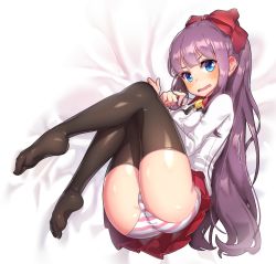 Rule 34 | 10s, 1girl, ass, bad id, bad pixiv id, black thighhighs, blue eyes, blush, bow, brown hair, feet, full-face blush, full body, knees to chest, knees together feet apart, legs up, long hair, lying, miniskirt, muloli, new game!, no shoes, on side, open mouth, panties, ribbon, shirt, skirt, solo, striped clothes, striped panties, takimoto hifumi, thighhighs, underwear, very long hair
