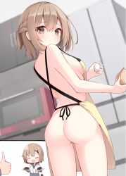 Rule 34 | 1girl, apron, ass, breasts, brown hair, childhood friend (ominaeshi), egg, highres, naked apron, ominaeshi (takenoko), ponytail, short hair, sideboob, small breasts, solo focus
