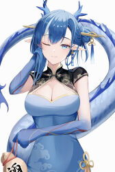 1girl absurdres arknights blue_dress blue_eyes blue_hair blue_skin breasts china_dress chinese_clothes cleavage colored_skin covered_navel dragon_girl dragon_horns dragon_tail dress earrings gourd hands_up highres holding holding_gourd horns jewelry ling_(arknights) long_hair looking_at_viewer ohagi_umeume one_eye_closed pointy_ears short_sleeves simple_background solo standing tail tassel tassel_earrings white_background