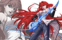 Rule 34 | 1girl, aozaki aoko, belt, blue eyes, breasts, denim, detached sleeves, guitar, highres, instrument, jeans, large breasts, long hair, magic circle, mahou tsukai no yoru, pants, playing instrument, red hair, scrap iron, solo, torn clothes, torn jeans, very long hair, zoom layer