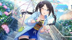 Rule 34 | 1girl, animal print, black hair, black thighhighs, blue eyes, blue jacket, blue shorts, blush, breasts, bush, cat print, clothes writing, cloud, collarbone, commentary, cowboy shot, day, drawstring, dutch angle, flower, fur bracelet, game cg, glasses, hair tie, holding, holding umbrella, hydrangea, idolmaster, idolmaster shiny colors, jacket, long hair, looking at viewer, mitsumine yuika, official art, one eye closed, outdoors, parted bangs, print shirt, rainbow, rimless eyewear, shirt, shirt tucked in, shorts, small breasts, solo, sparkle, stairs, thighhighs, tongue, tongue out, transparent, transparent umbrella, twintails, umbrella, yellow shirt