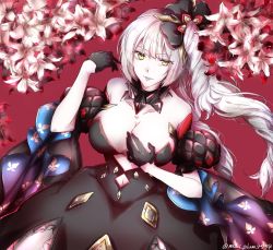 Rule 34 | black dress, black gloves, breasts, cleavage, dress, fate/grand order, fate (series), gloves, hair ornament, highres, large breasts, long hair, looking at viewer, maki132465, marie antoinette (alter) (fate), marie antoinette (fate), pale skin, side ponytail, yellow eyes