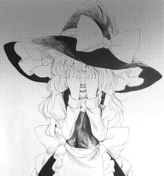 Rule 34 | 1girl, :d, blush, bow, braid, commentary, covering face, covering own eyes, crying, d:, despair, graphite (medium), greyscale, halftone, hat, hat bow, juliet sleeves, kirisame marisa, long hair, long sleeves, looking at viewer, monochrome, open mouth, puffy short sleeves, puffy sleeves, sad, sash, short sleeves, side braid, single braid, sketch, skirt, skirt set, smile, solo, tears, touhou, traditional media, turtleneck, very long hair, vest, wavy hair, witch hat, yururi nano
