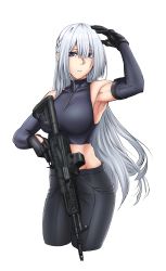 Rule 34 | 1girl, absurdres, ak-15, ak-15 (girls&#039; frontline), armpits, assault rifle, black gloves, black pants, braid, breasts, closed mouth, crop top, cropped legs, defy (girls&#039; frontline), elbow gloves, girls&#039; frontline, gloves, gun, hand on own head, hand up, highres, holding, holding gun, holding weapon, kalashnikov rifle, long hair, looking at viewer, matsu arts, medium breasts, muscular, muscular female, pants, purple eyes, purple tank top, rifle, salute, simple background, solo, standing, tactical clothes, tank top, twitter username, weapon, white background, white hair