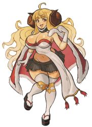 1girl absurdres ahoge anila_(granblue_fantasy) black_footwear black_skirt blonde_hair blunt_bangs breasts brown_eyes cape cleavage curled_horns curvy draph dress eduedude fur-trimmed_cape fur_trim granblue_fantasy hand_up highres horns large_breasts long_hair miniskirt okobo open_mouth pelvic_curtain pleated_skirt sandals sheep_horns short_eyebrows simple_background skirt smile strapless teeth thick_eyebrows thick_thighs thighhighs thighs upper_teeth_only v-shaped_eyebrows very_long_hair white_background white_dress white_thighhighs wide_hips