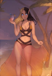 Rule 34 | 1girl, bad id, bad tumblr id, beach, bikini, blonde hair, blue eyes, blurry, blurry background, breasts, brown bikini, brown hair, cleavage, closed mouth, commentary, commission, cup, depth of field, elf, english commentary, feet out of frame, fingernails, highres, holding, holding cup, long hair, looking at viewer, matilda fiship, medium breasts, multicolored hair, nail polish, navel, original, outdoors, palm tree, pointy ears, sarong, smile, solo, split-color hair, standing, swimsuit, tree, two-tone hair