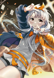 Rule 34 | 1girl, arm up, belt, belt buckle, black jacket, black shorts, blouse, blurry, blurry background, blush, brown eyes, buckle, cac itinose, commentary request, confetti, depth of field, double v, drawstring, grey hair, hair over shoulder, hair ribbon, hand up, highres, hisakawa nagi, holding, holding microphone, idolmaster, idolmaster cinderella girls, jacket, long hair, long sleeves, looking at viewer, low twintails, microphone, open clothes, open jacket, orange belt, orange jacket, orange ribbon, parted lips, ribbon, shirt, short shorts, shorts, solo, twintails, v, v-shaped eyebrows, very long hair, white shirt
