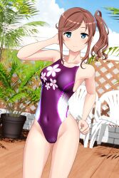 Rule 34 | 1girl, absurdres, blue eyes, blue sky, breasts, brown hair, chair, cloud, competition swimsuit, covered navel, day, floral print, hair ornament, hair scrunchie, high school fleet, highleg, highleg swimsuit, highres, ise sakura, long hair, looking at viewer, medium breasts, multicolored clothes, multicolored swimsuit, one-piece swimsuit, outdoors, plant, potted plant, purple one-piece swimsuit, scrunchie, side ponytail, sky, solo, standing, swimsuit, takafumi, variant set