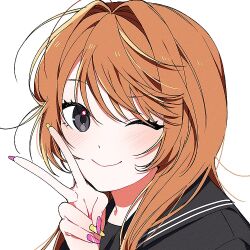 Rule 34 | 1girl, black shirt, blush, commission, grey eyes, hair intakes, korean commentary, looking at viewer, multicolored nails, one eye closed, orange hair, original, pink nails, portrait, sailor collar, shirt, smile, solo, v, white background, yellow nails, yusol (otksol)