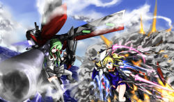Rule 34 | 2girls, absurdres, admiral hipper (warship girls r), blonde hair, blue eyes, blue skirt, bow, bowtie, breasts, clenched hand, day, dual wielding, explosion, foreshortening, glowing, glowing sword, glowing weapon, glowworm (warship girls r), green hair, grey legwear, grey skirt, gundam, highres, holding, holding sword, holding weapon, horizon, long hair, long sleeves, machinery, medium breasts, multiple girls, ocean, open mouth, outdoors, pink eyes, pleated skirt, red bow, red bowtie, skirt, smoke, sword, thighhighs, warship girls r, water, weapon, xinghuajian, zettai ryouiki