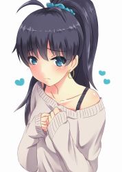 Rule 34 | 1girl, antenna hair, aqua eyes, bad id, bad pixiv id, black hair, blush, collarbone, earrings, ganaha hibiki, hands on own chest, heart, hoop earrings, idolmaster, idolmaster (classic), jewelry, looking at viewer, md5 mismatch, mini39mame, ponytail, sleeves past wrists, solo, sweater