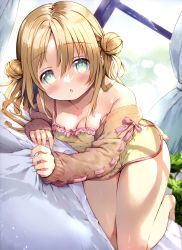 Rule 34 | 1girl, :o, absurdres, amanagi seiji, blonde hair, breasts, child, dengeki moeou, green eyes, highres, indoors, legs, looking at viewer, magazine scan, scan, small breasts, solo, thighs