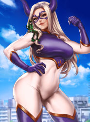 Rule 34 | 10s, 2girls, age difference, arm up, artist name, asui tsuyu, blonde hair, blue sky, blurry, bodysuit, boku no hero academia, boots, breasts, building, city, clenched hand, closed mouth, cloud, covered navel, cowboy shot, dandon fuga, day, depth of field, domino mask, facing viewer, frog girl, giant, giantess, gloves, goggles, goggles on head, green hair, groin, hand on own hip, hand up, happy, hip focus, horns, large breasts, legs, lips, lipstick, long hair, looking at viewer, makeup, mask, mount lady, multiple girls, navel, on person, outdoors, purple eyes, purple gloves, red lips, sidelocks, sitting, sitting on shoulder, size difference, skin tight, sky, smile, standing, superhero costume, thigh boots, thighhighs, thighs