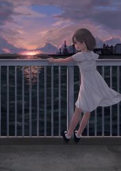 Rule 34 | 1girl, ass, black footwear, brown hair, cloud, cloudy sky, dress, evening, from behind, full body, harbor, highres, holding on, looking at viewer, looking back, mary janes, mountainous horizon, ocean, original, outdoors, purple eyes, railing, ranma (kamenrideroz), reflection, shoes, short hair, short sleeves, sky, socks, solo, standing, sunlight, sunset, tareme, twilight, water, white dress, white socks