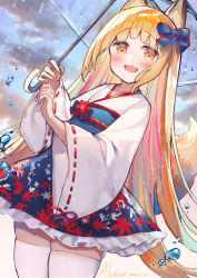 Rule 34 | 1girl, :d, absurdres, animal ears, blonde hair, blue bow, blue hair, blue skirt, blush, bow, brown eyes, commentary request, day, dutch angle, fang, flower, frilled skirt, frills, hair bow, heart, heart-shaped pupils, highres, holding, holding umbrella, japanese clothes, kimono, leaf print, long hair, long sleeves, looking at viewer, makiaato, multicolored hair, open mouth, original, outdoors, pink hair, print skirt, red flower, ribbon-trimmed sleeves, ribbon trim, skindentation, skirt, smile, solo, streaked hair, symbol-shaped pupils, thighhighs, transparent, transparent umbrella, umbrella, very long hair, water drop, white kimono, white thighhighs, wide sleeves