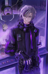 Rule 34 | 1boy, absurdres, character doll, commentary, cowboy shot, crane game, fingerless gloves, frown, fuwa minato, fuwa minato (1st costume), gloves, grey hair, highres, jacket, kawausoman, looking to the side, male focus, microphone, multicolored hair, nijisanji, pants, purple eyes, purple gloves, purple hair, purple jacket, purple pants, purple shirt, purple theme, shirt, solo, streaked hair, virtual youtuber