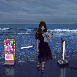 Rule 34 | 1girl, ace akira, beach, bow, brown hair, character request, choker, cinnamoroll, copyright request, dress, footwear bow, hand up, holding, jaggy lines, looking at viewer, ocean, off-shoulder dress, off shoulder, outdoors, pixel art, purple bow, purple choker, purple dress, purple footwear, sanrio, see-through, see-through dress, shoes, short sleeves, smile, solo, standing, stuffed animal, stuffed toy, water