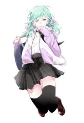 Rule 34 | 1boy, an (18523012), bag, black footwear, black skirt, black thighhighs, commentary request, crossdressing, earrings, full body, green eyes, green hair, heart, heart earrings, jacket, jewelry, long hair, looking at viewer, male focus, messy hair, mikaze ai, necktie, pleated skirt, polka dot, polka dot neckwear, shirt, shoes, simple background, skirt, sleeves past wrists, solo, thighhighs, uta no prince-sama, white background, white shirt