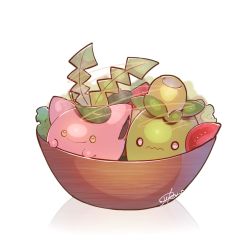 Rule 34 | bowl, closed mouth, commentary request, creatures (company), game freak, gen 2 pokemon, highres, hoppip, in bowl, in container, leaf, lettuce, nintendo, no humans, ojikano, pokemon, pokemon (creature), signature, smile, smoliv, tomato, tomato slice, wavy mouth, yellow eyes
