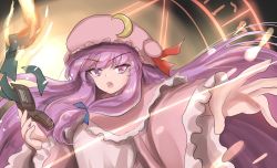 Rule 34 | banknote, bow, breasts, commentary, dress, fire, hair ornament, hair ribbon, hat, highres, magic, mob cap, money, moon (ornament), namiki (remiter00), patchouli knowledge, pink hat, purple dress, purple eyes, purple hair, pyrokinesis, ribbon, solo, touhou
