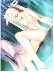 Rule 34 | 1girl, breasts, hat, highres, houmei, large breasts, nipples, nude, nude filter, ponytail, purple eyes, sega, shining (series), shining wind, smile, solo, third-party edit, tony taka, water, white hair