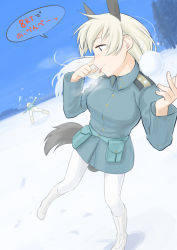 Rule 34 | 10s, 2girls, blue sky, boots, brave witches, collared shirt, day, eila ilmatar juutilainen, falling, grey hair, military, military uniform, multiple girls, nikka edvardine katajainen, outdoors, pantyhose, pocket, pouch, purple eyes, rikizo, shirt, sky, snow, snowball, strike witches, tongue, tongue out, translation request, uniform, winter, world witches series