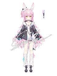 Rule 34 | 1girl, absurdres, animal ear fluff, animal ears, black bow, black choker, black footwear, black jacket, blue bow, blush, bow, bow legwear, camisole, choker, closed mouth, floral print, full body, hair bow, hair intakes, hair ornament, hairclip, highres, hood, hooded jacket, jacket, lite luyu, long hair, long sleeves, looking at viewer, loose socks, microphone, one side up, open clothes, open jacket, original, oxfords, pink bow, pink hair, rabbit ears, sample watermark, sleeves past wrists, socks, solo, standing, star (symbol), star choker, tachi-e, thigh strap, two-tone footwear, very long hair, watermark, white background, white camisole, white footwear, white socks, yellow eyes