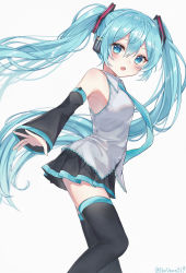 Rule 34 | 1girl, :o, absurdres, aqua necktie, black sleeves, black thighhighs, blouse, blue eyes, blue hair, blue necktie, blush, collared shirt, commentary request, detached sleeves, feet out of frame, from side, hair between eyes, hatsune miku, highres, long hair, long sleeves, looking at viewer, miniskirt, necktie, noneon319, pleated skirt, shirt, simple background, skirt, sleeveless, sleeveless shirt, solo, standing, thighhighs, twintails, twitter username, very long hair, vocaloid, white background, white shirt