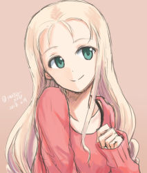 Rule 34 | 10s, 1girl, blonde hair, bra strap, brown background, casual, closed mouth, commentary request, dated, drill hair, girls und panzer, head tilt, long hair, long sleeves, looking at viewer, marie (girls und panzer), mutsu (layergreen), one-hour drawing challenge, partial commentary, pink sweater, simple background, sketch, smile, solo, sweater, twitter username, upper body