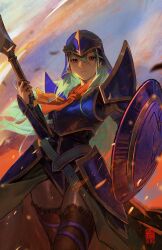 Rule 34 | 1girl, armor, black thighhighs, blue armor, blue eyes, breastplate, commission, daniel deng, detached sleeves, fire emblem, fire emblem: radiant dawn, green eyes, green hair, helmet, highres, holding, holding polearm, holding shield, holding weapon, light green hair, long hair, looking at viewer, nephenee (fire emblem), nintendo, pauldrons, polearm, serious, shield, shoulder armor, simple background, skirt, solo, spear, thighhighs, weapon, zettai ryouiki