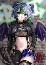 Rule 34 | 1girl, apricot the lich, apricot the lich (8th costume), black collar, black hoodie, black pants, blush, collar, cropped hoodie, demon girl, demon horns, fishnet thighhighs, fishnets, graffiti, green eyes, green hair, hair ornament, highres, hood, hoodie, horns, long hair, medium hair, momomomooo13, multiple horns, open fly, pants, purple shorts, shorts, smile, solo, spiked collar, spikes, thighhighs, torn clothes, torn pants, torn thighhighs, virtual youtuber, vshojo, x hair ornament