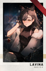 Rule 34 | 1girl, absurdres, animal ears, arknights, black dress, braid, brown hair, character name, dated, dress, earrings, highres, huajiaohaibao, jacket, jewelry, long hair, mole above eye, official alternate costume, open mouth, penance (arknights), penance (occasionally flushed) (arknights), single braid, sleeveless, sleeveless turtleneck, solo, stud earrings, sweater, sweater dress, turtleneck, white jacket, wolf ears, wolf girl, yellow eyes