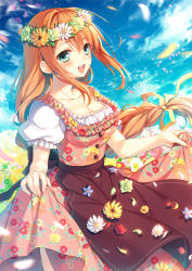 Rule 34 | 1girl, aqua eyes, blush, breasts, brown hair, cleavage, collarbone, commentary request, dress, flower, hair flower, hair ornament, head wreath, highres, long hair, looking at viewer, open mouth, original, puffy short sleeves, puffy sleeves, short sleeves, skirt, skirt hold, smile, solo, toosaka asagi