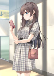 Rule 34 | 1girl, absurdres, bag, blue eyes, braid, breasts, brown hair, cellphone, commentary request, cowboy shot, dress, grey dress, hair ornament, hairpin, handbag, highres, holding, holding phone, long hair, medium breasts, original, phone, plaid, plaid dress, short sleeves, smartphone, solo, standing, train station, unasaka ryou