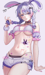 Rule 34 | 10 plus, 1girl, absurdres, animal ears, arm support, armband, artist name, black collar, black panties, blue nails, blush, bow, bra, braid, breasts, cassiopeia (vtuber), character name, collar, commentary, commission, cowboy shot, ear piercing, earrings, english text, extra ears, facial tattoo, frilled armband, frilled bra, frills, gradient hair, hair bow, hair intakes, hair ornament, hairclip, hand up, heart, heart tattoo, highres, holding, holding own hair, indie virtual youtuber, jewelry, looking at viewer, low twin braids, medium breasts, multicolored hair, nail polish, panties, piercing, pink hair, pink nails, purple armband, purple bra, purple eyes, purple hair, rabbit ears, scrunchie, short shorts, shorts, simple background, skeb commission, solo, star (symbol), star earrings, star tattoo, stomach tattoo, string panties, tattoo, twin braids, twitter username, underboob, underwear, virtual youtuber, wrist scrunchie