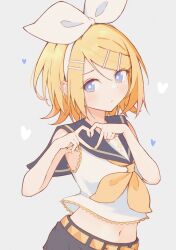Rule 34 | 1girl, arched back, bare arms, bare shoulders, blonde hair, blue eyes, bow, cidre db, grey background, hair bow, hair ornament, hairclip, heart, heart hands, highres, kagamine rin, looking at viewer, midriff, navel, neckerchief, parted lips, sailor collar, shirt, short hair, shorts, sideways glance, sleeveless, sleeveless shirt, solo, swept bangs, treble clef, vocaloid, white bow, yellow nails, yellow neckerchief