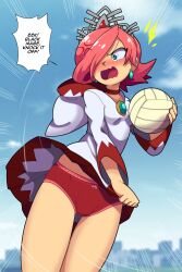 Rule 34 | ball, english text, euf-dreamer, final fantasy, highres, mario (series), mario sports mix, nintendo, panties, red panties, speech bubble, tagme, underwear, upskirt, volleyball, volleyball (object), white mage (final fantasy)