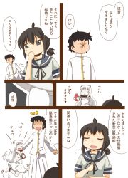 Rule 34 | 10s, 1boy, 2girls, ^ ^, abyssal ship, admiral (kancolle), ahoge, ammunition, black eyes, black hair, closed eyes, colored skin, comic, commentary request, dress, closed eyes, faceless, faceless male, fubuki (kancolle), holding, horns, jumping, kanosawa, kantai collection, low ponytail, military, military uniform, mittens, multiple girls, naval uniform, northern ocean princess, open mouth, school uniform, serafuku, smile, translation request, uniform, white dress, white hair, white skin