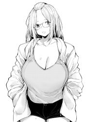 Rule 34 | 1girl, bangs pinned back, breasts, casual, cleavage, collarbone, cowboy shot, doodle, glasses, greyscale, hair pulled back, hands in pockets, highres, inne sulistya robin, jacket, large breasts, long hair, looking at viewer, monochrome, norman maggot, open clothes, open jacket, original, short shorts, shorts, simple background, solo, standing, thighs, white background