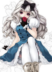 Rule 34 | 1girl, apple, arm support, black bow, black gloves, bloomers, blue dress, blunt bangs, boots, bow, buttons, covering own mouth, cross-laced footwear, double-breasted, dress, expressionless, eyelashes, floral background, food, frilled gloves, frills, fruit, gloves, gothic lolita, hair bow, highres, holding, holding food, holding fruit, knees up, kunishige keiichi, lace, lace-trimmed gloves, lace trim, lolita fashion, long hair, original, petticoat, puffy short sleeves, puffy sleeves, purple eyes, red eyes, ribbon-trimmed gloves, ribbon-trimmed sleeves, ribbon trim, short sleeves, sitting, solo, striped clothes, striped dress, thighhighs, underwear, vertical-striped clothes, vertical-striped dress, wavy hair, white background, white hair, white thighhighs