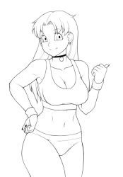 Rule 34 | 1girl, breasts, choker, cleavage, collarbone, earrings, hand on own hip, jewelry, large breasts, long hair, looking at viewer, midriff, monochrome, navel, pants, shirt, sidney (zeshgolden), sketch, smile, standing, tank top, wristband, zeshgolden
