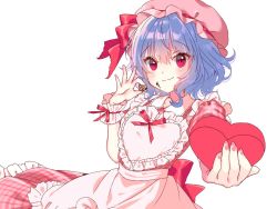 Rule 34 | 1girl, apron, blue hair, box, chocolate, commentary request, cowboy shot, dress, fang, fang out, food, frilled apron, frills, hair between eyes, hand up, hat, hat ribbon, heart-shaped box, highres, holding, holding box, holding food, looking at viewer, miyakoto, mob cap, nail polish, pink dress, pink hat, pink nails, plaid, plaid dress, puffy short sleeves, puffy sleeves, red eyes, red ribbon, remilia scarlet, ribbon, short hair, short sleeves, simple background, skin fang, smile, solo, touhou, unfinished, white background, wrist cuffs
