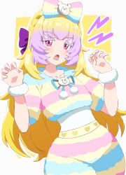Rule 34 | 1girl, blonde hair, blue ribbon, bow, bracelet, braid, claw pose, colored eyelashes, commentary request, cowboy shot, crown braid, dolldolldd, gradient hair, hair bow, hair down, hands up, hanitan, highres, jewelry, korean commentary, long hair, looking at viewer, multicolored hair, open mouth, pajamas, pink eyes, pom pom (clothes), pretty series, purple hair, ribbon, shirt, shorts, solo, standing, striped clothes, striped shirt, striped shorts, stuffed animal, stuffed toy, teddy bear, waccha primagi!