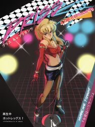 Rule 34 | 1girl, absurdres, armlet, black shorts, blonde hair, bracelet, bubblegum crisis, english text, fritz willie, grid background, highres, holding, holding microphone, jewelry, long hair, microphone, microphone stand, navel, priscilla asagiri, shorts, solo, sparkle, spotlight, wire